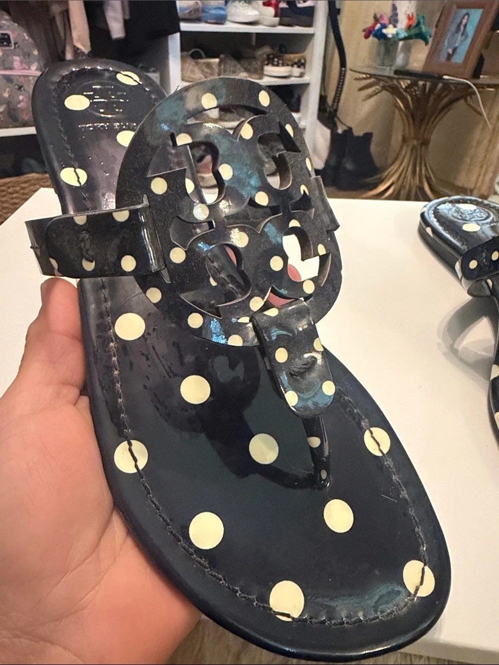 Tory Burch Navy Polka Dot Miller Sandals